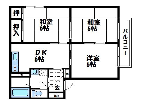 フェアリーランドB棟(3DK/1階)の間取り写真