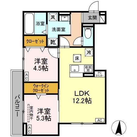 ルヴィータ大秋(2LDK/1階)の間取り写真