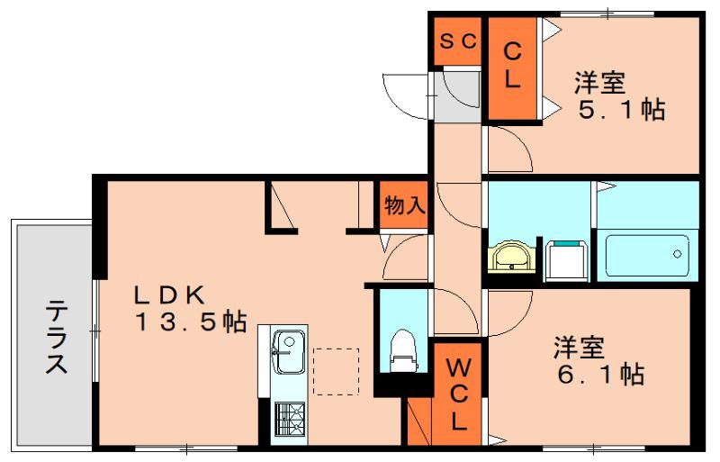エスポワール別府(2LDK/1階)の間取り写真