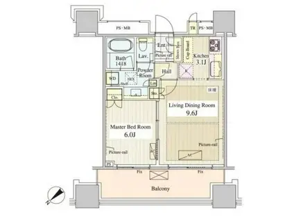 パークコート千代田富士見ザ タワー(1LDK/5階)の間取り写真