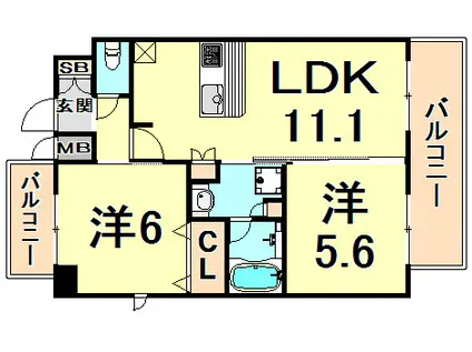 プレサンス三宮東フィール(2LDK/12階)の間取り写真