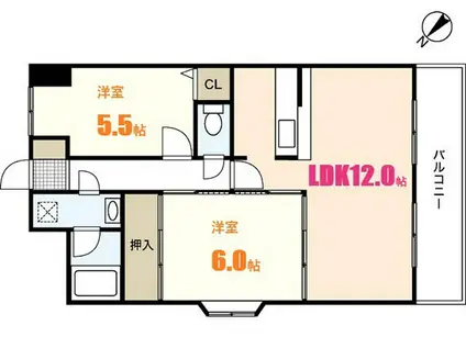 グリーンコート毘沙門(2LDK/9階)の間取り写真