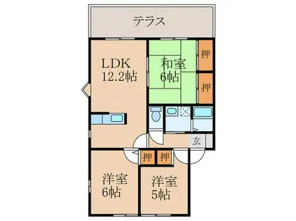 サンヴェールおばせ B棟(3LDK/1階)の間取り写真