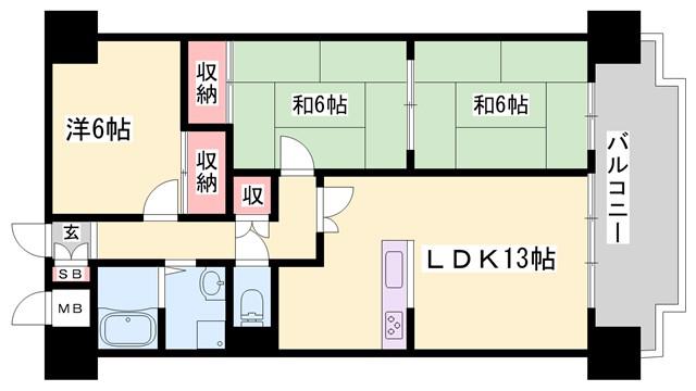 ＪＲ播但線 京口駅 徒歩8分 7階建 築41年(3LDK/6階)の間取り写真