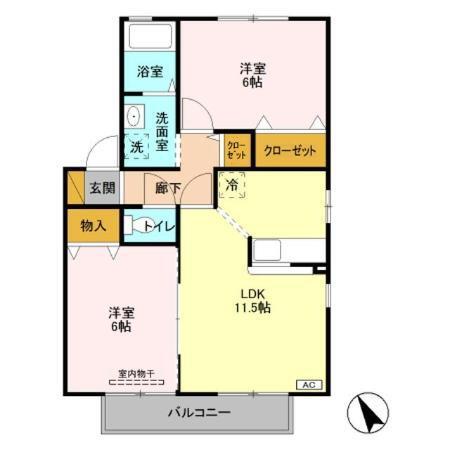 ディアクレストB棟(2LDK/2階)の間取り写真