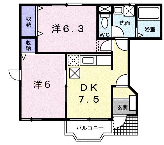 カルフールII(2DK/1階)の間取り写真