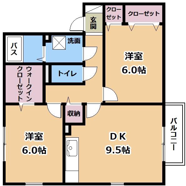 レークタウンD棟(2DK/2階)の間取り写真