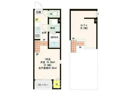 ハーモニーテラス唐原VIII(1K/2階)の間取り写真