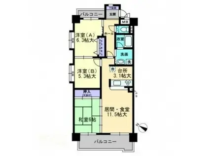 アンピール別府II(3LDK/5階)の間取り写真