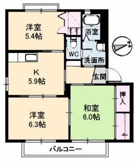 グルーンせせらC棟(3K/2階)の間取り写真