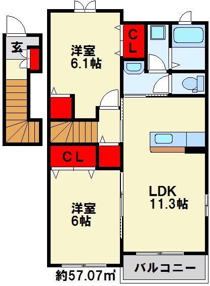 フェリオB(2LDK/2階)の間取り写真