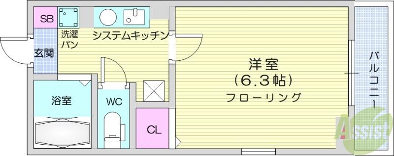 仙台市地下鉄東西線 大町西公園駅 徒歩10分 2階建 築4年(1K/2階)の間取り写真