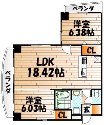 クロスコート門司港(2LDK/4階)の間取り写真