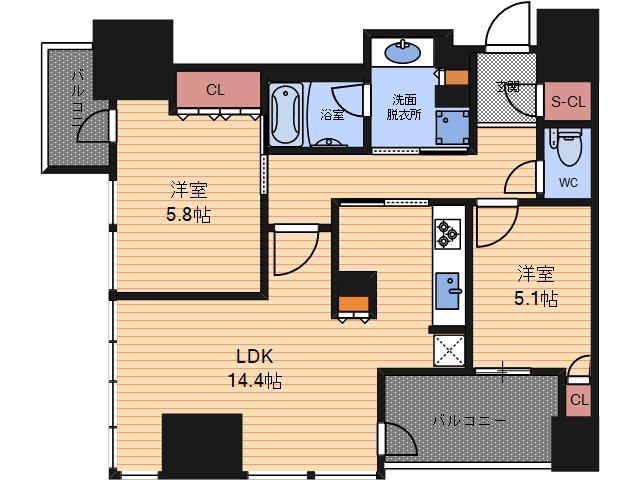 ローレルタワー御堂筋本町(2LDK/9階)の間取り写真