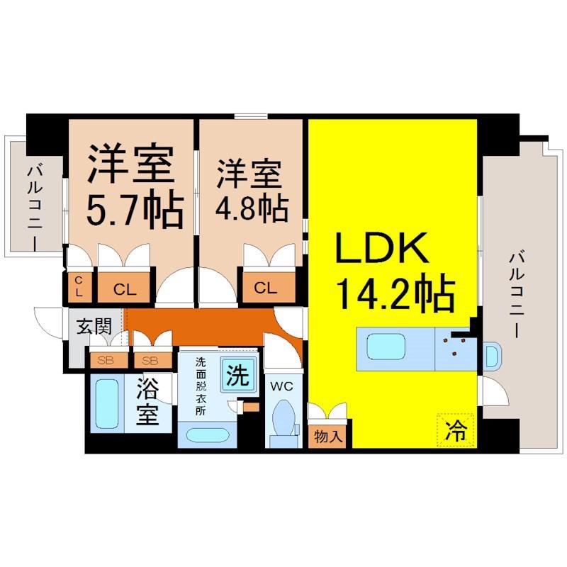 グランパセオ名駅那古野(2LDK/9階)の間取り写真
