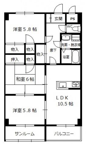 サンシャインハイム伊藤(3LDK/3階)の間取り写真