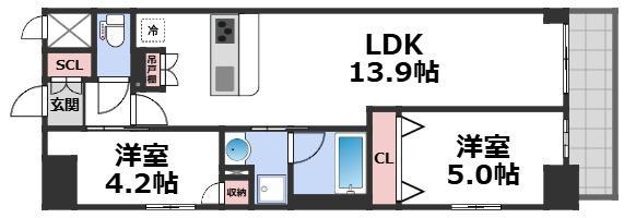 スプランディッド上本町ウエストII(2LDK/7階)の間取り写真