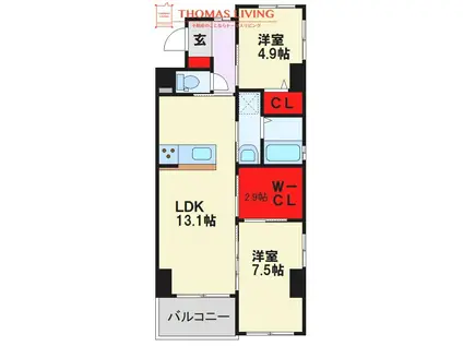 コア六本松(2LDK/5階)の間取り写真