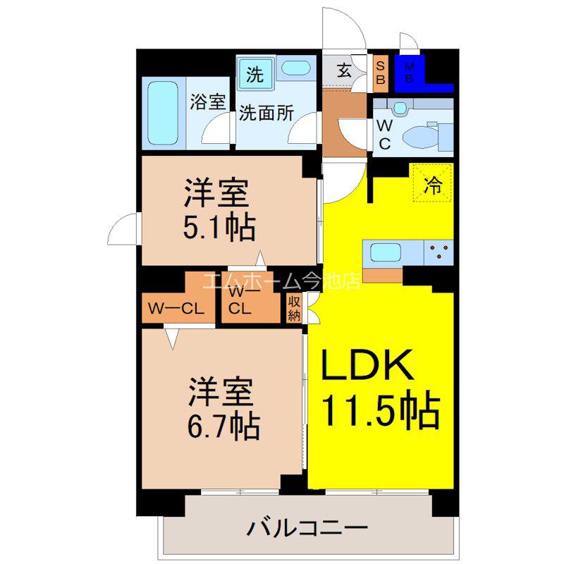 リュミエール千種(2LDK/6階)の間取り写真