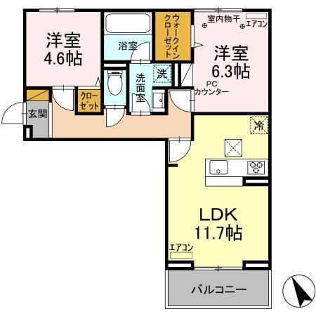 グランテージ海神E(2LDK/1階)の間取り写真