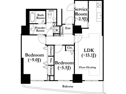 河田町ガーデン(2SLDK/11階)の間取り写真