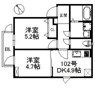 グランヒル箱崎 534-102(2DK/1階)の間取り写真