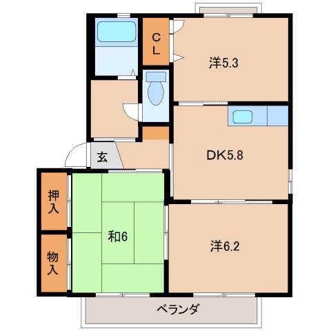 ヴィレッジせせらぎII(3DK/2階)の間取り写真