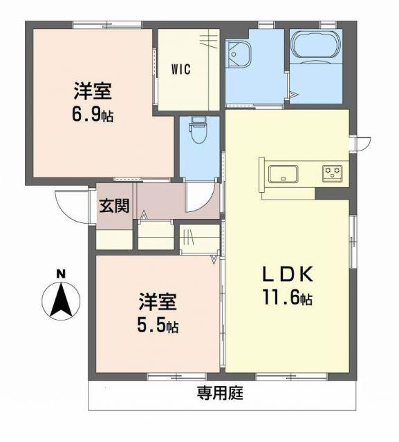 クレセオ森 B棟(2LDK/1階)の間取り写真