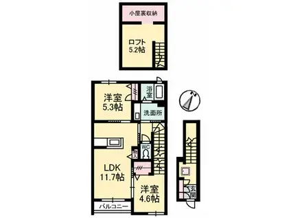 プロムノワール湯田温泉駅前アルザス(2LDK/2階)の間取り写真