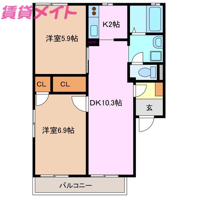 ミニオンフラッツ B(2LDK/1階)の間取り写真