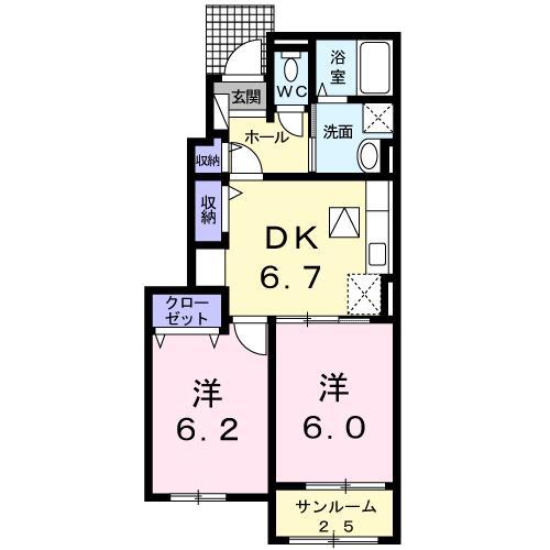 カーサハピネスI(2DK/1階)の間取り写真