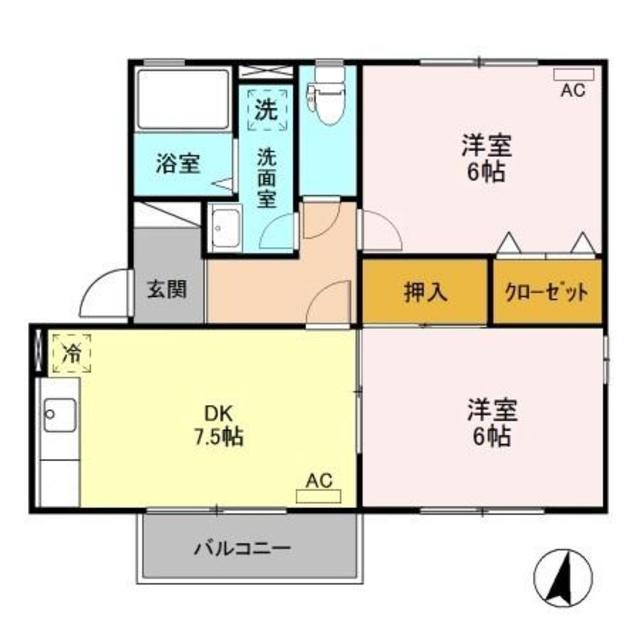アムール荻川 C棟(2DK/1階)の間取り写真