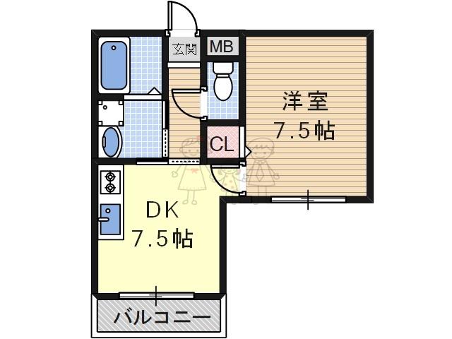 クイーンライフ桑津(1DK/7階)の間取り写真