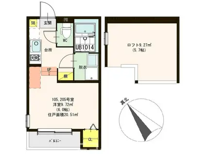 ハーモニーテラス淀木津町(1K/2階)の間取り写真