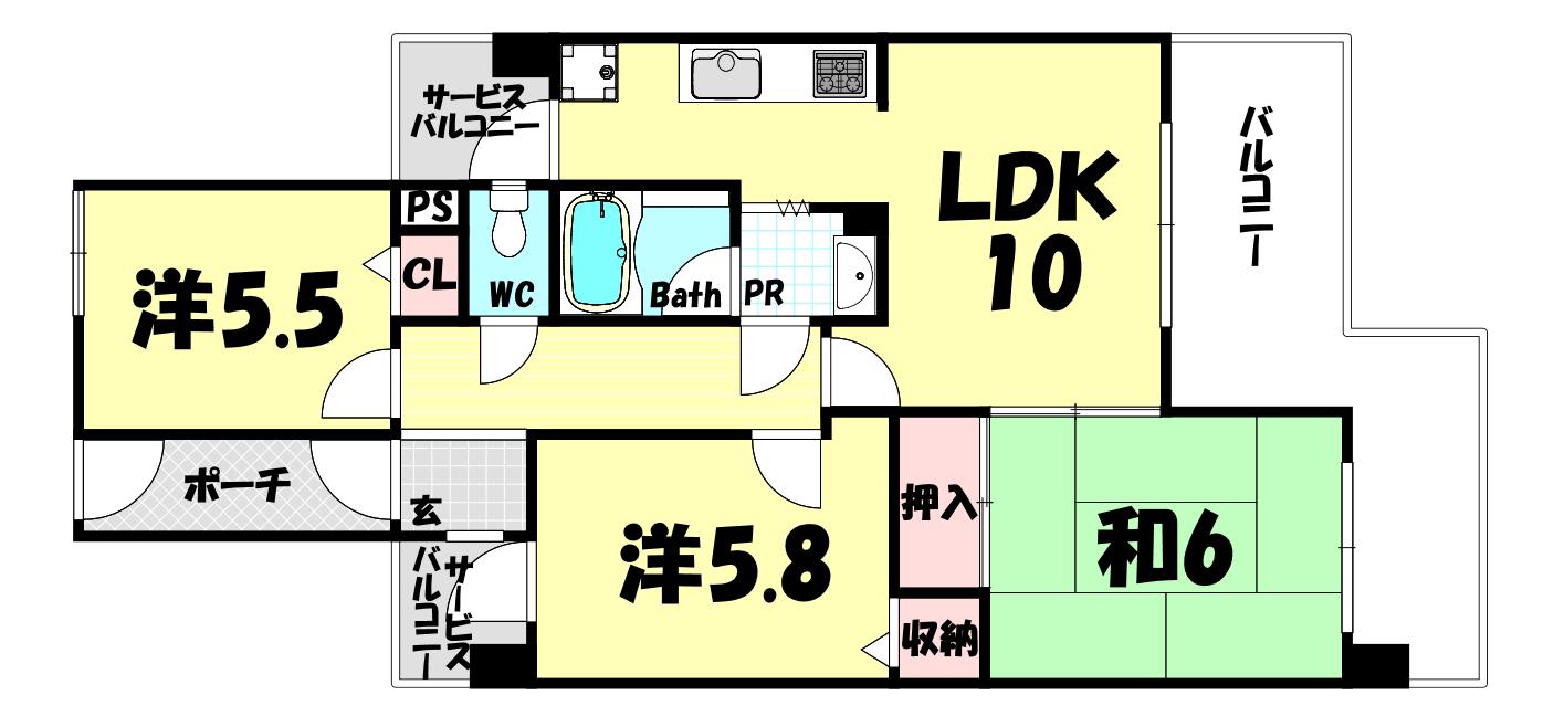 朝日プラザ雲雀ヶ丘(3LDK/3階)の間取り写真