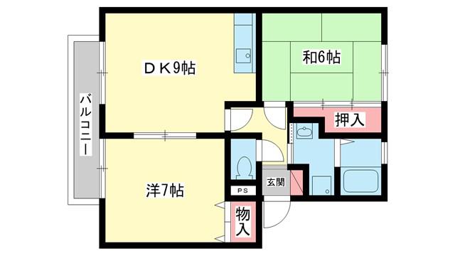 サンビレッジ学園前東坂D(2DK/2階)の間取り写真