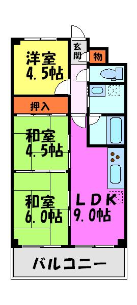 グリーンハイツ向陽3号棟(3LDK/9階)の間取り写真