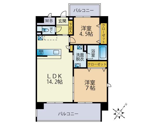 SYKプレミール東那珂(2LDK/4階)の間取り写真