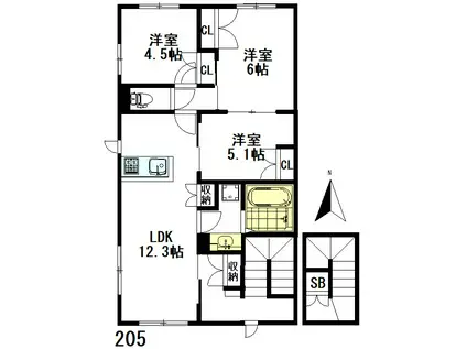 牟礼アパートメント(3LDK/2階)の間取り写真