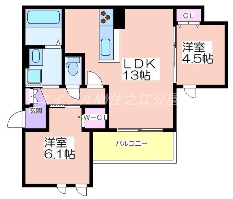 エスポアレジデンス(2LDK/2階)の間取り写真