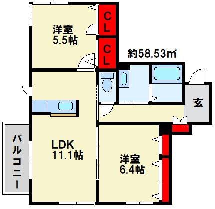 シャーメゾン境川(2LDK/2階)の間取り写真