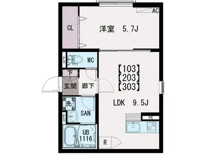 イクシオ東保木間(1LDK/1階)の間取り写真