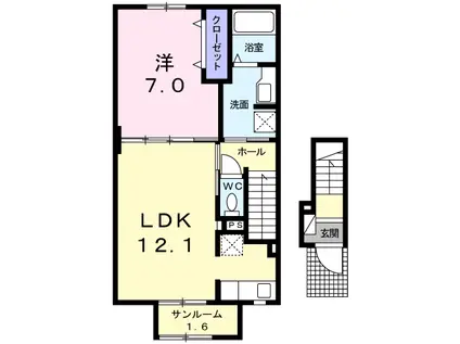 ロワジール B DK(1LDK/2階)の間取り写真