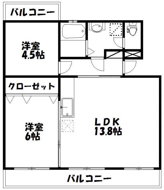 第一我心ヶ丘マンション(2LDK/2階)の間取り写真