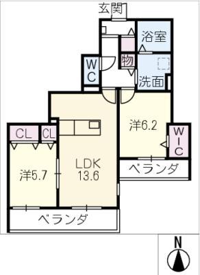 CRESTIA(2LDK/2階)の間取り写真