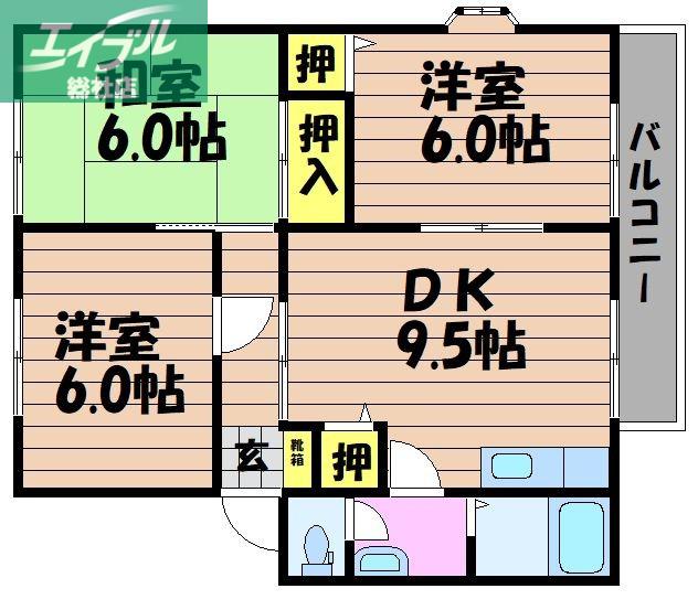 サンビレッジスカイバレーA棟(3DK/2階)の間取り写真