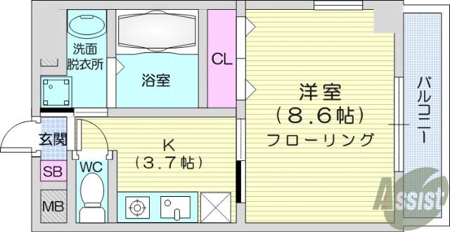 メズューセラ五橋(1K/4階)の間取り写真