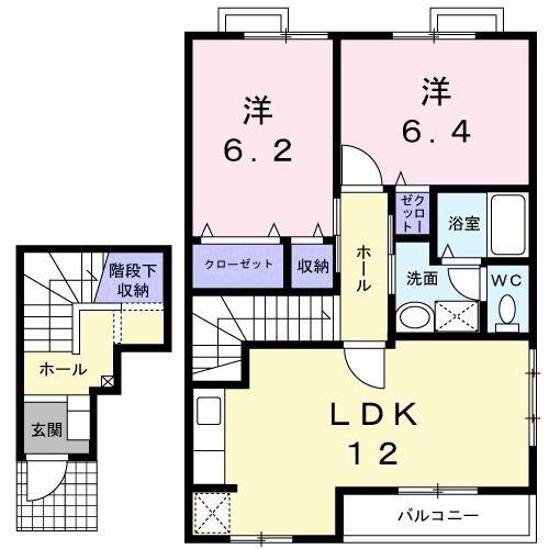 グリーンヒルほたるB(2LDK/2階)の間取り写真