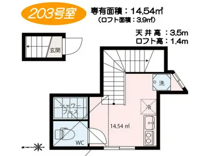 プラスムアパートメント熊野前(ワンルーム/2階)の間取り写真