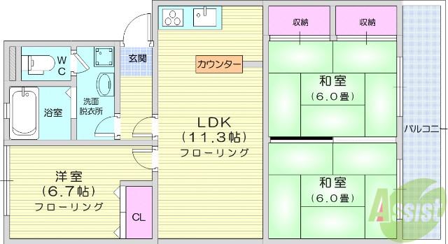 杜栄マンションN棟(3LDK/3階)の間取り写真